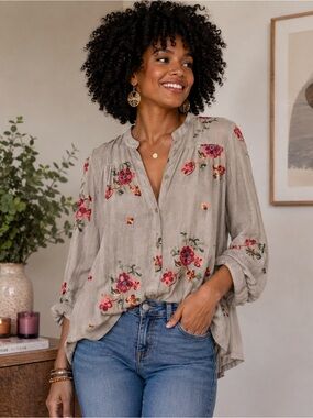 fig and flower Beige Button-Front Blouse with Pink Floral Embroidery